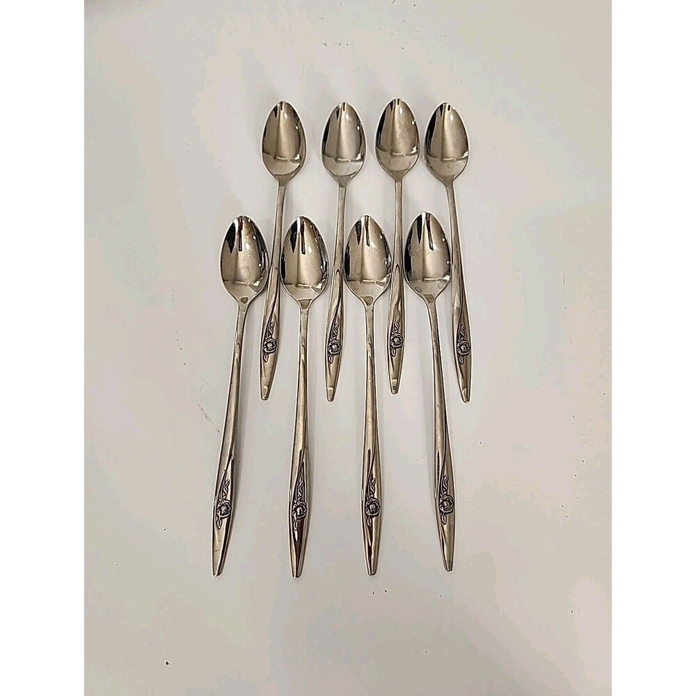 Lot Of 8 Oneidacraft Deluxe Stainless Steel Long Teaspoons Lasting Rose Pattern